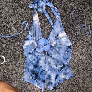 Local European Blue Watercolor Halter Tie-Front Blouse